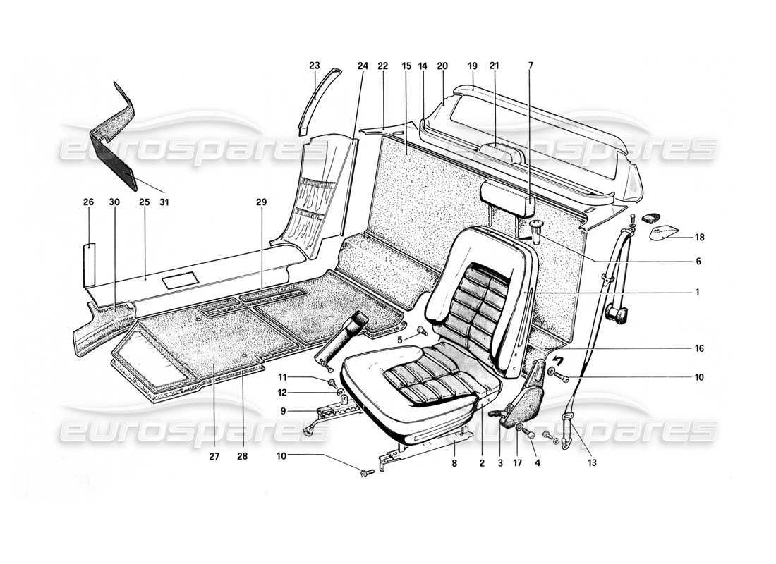 ferrari 512 bbi schéma des pièces des garnitures intérieures, des accessoires et des sièges