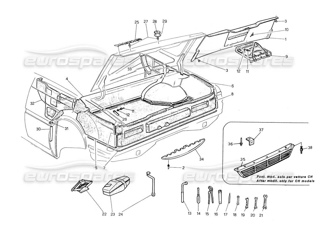maserati biturbo spider botte : diagramme des pièces des badges, des tapis et des outils