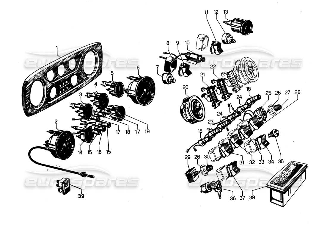 lamborghini espada instruments du tableau de bord (0 à 750) schéma des pièces