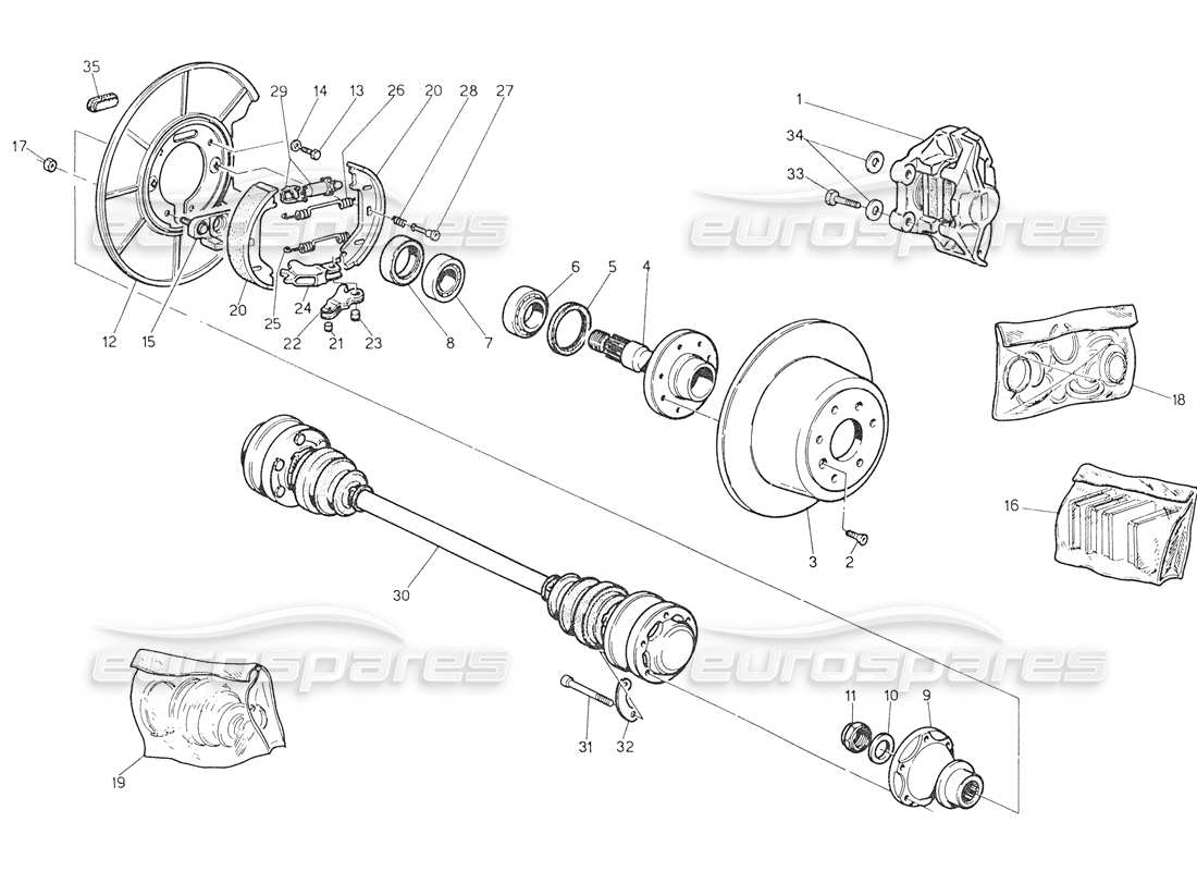 maserati biturbo spider schéma des pièces des moyeux, freins arrière et arbres de transmission