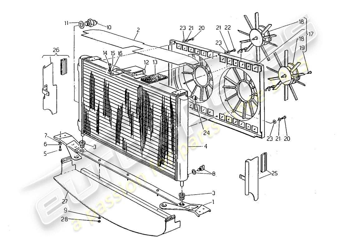 maserati 418 / 4.24v / 430 schéma des pièces du radiateur et des ventilateurs de refroidissement