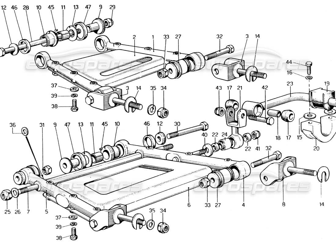 ferrari 365 gt4 2+2 (1973) suspension arrière - diagramme des pièces des triangles