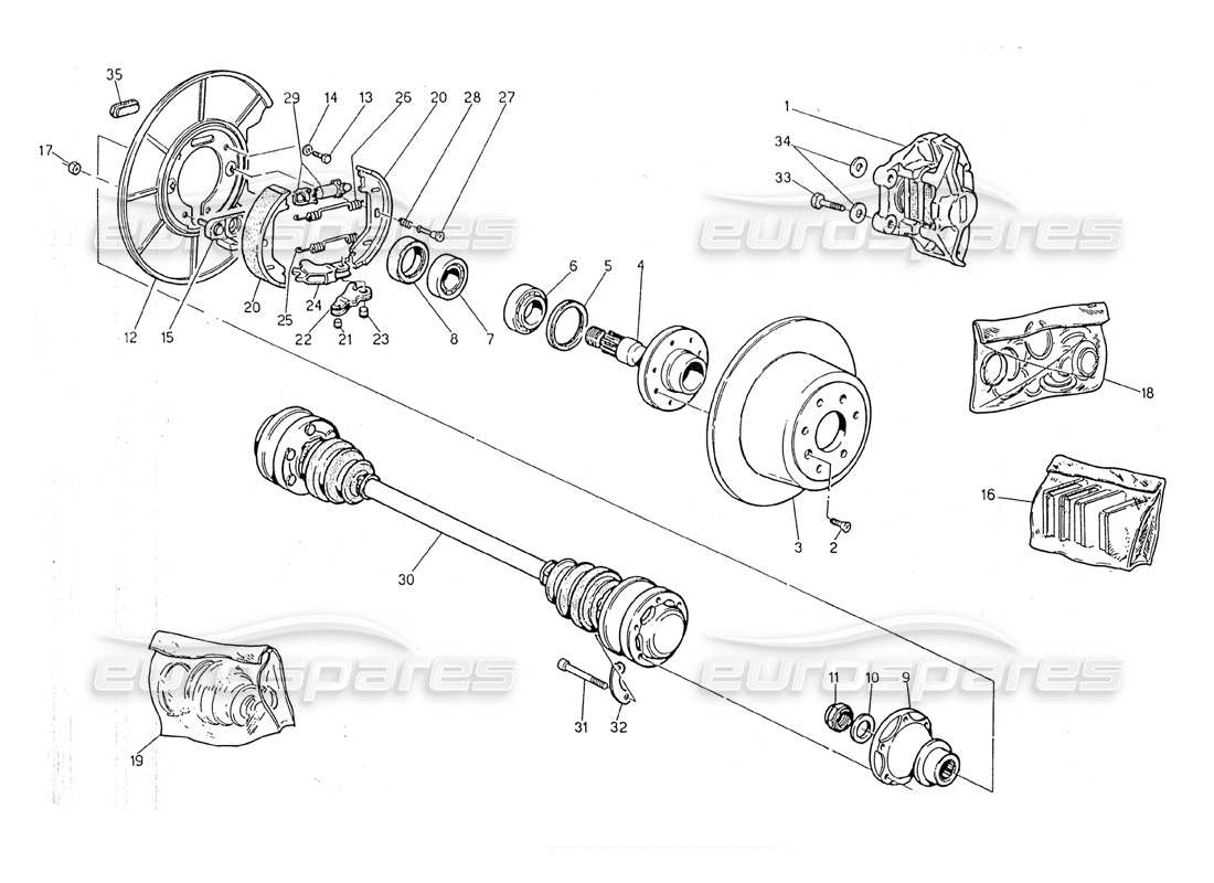maserati 2.24v schéma des pièces des moyeux, freins arrière et arbres de transmission
