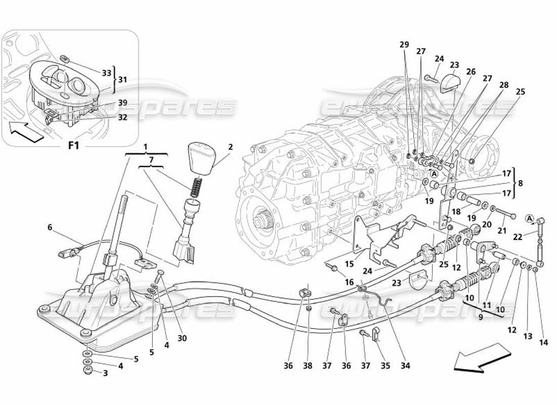 maserati 4200 spyder (2005) commandes extérieures de la boîte de vitesses schéma des pièces