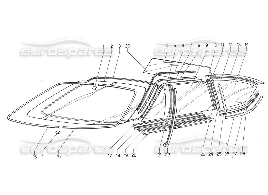 lamborghini urraco p300 diagramme des pièces du pare-brise et des lunettes