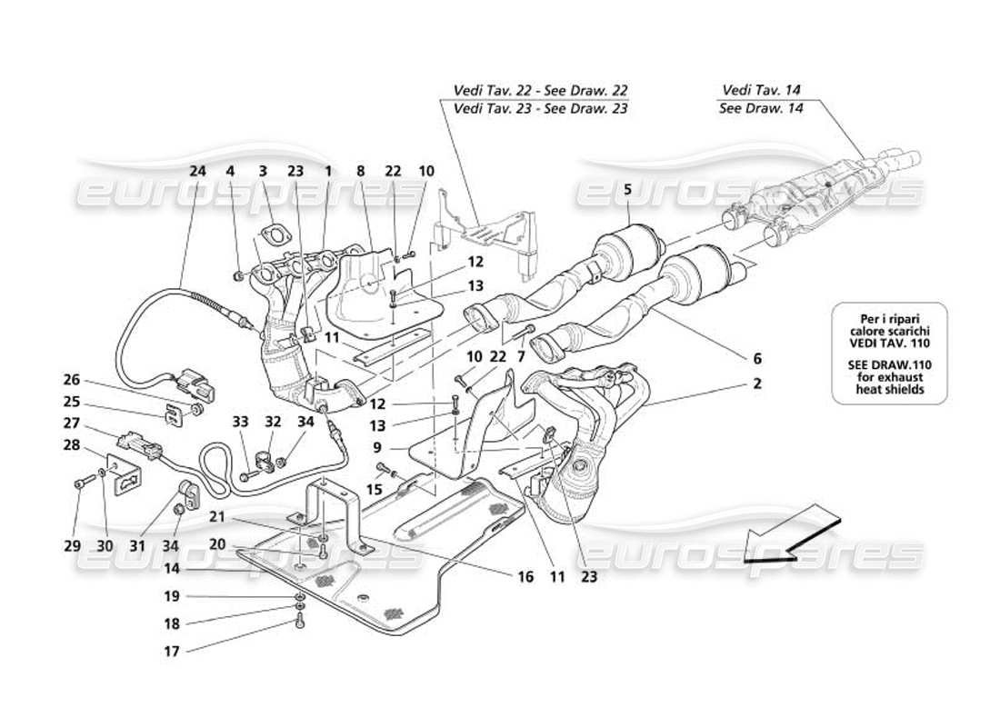 maserati 4200 spyder (2005) système d'échappement - variations pour les états-unis et le canada - diagramme des pièces