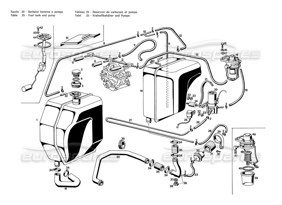 maserati merak 3.0 schéma des pièces du réservoir de carburant et de la pompe