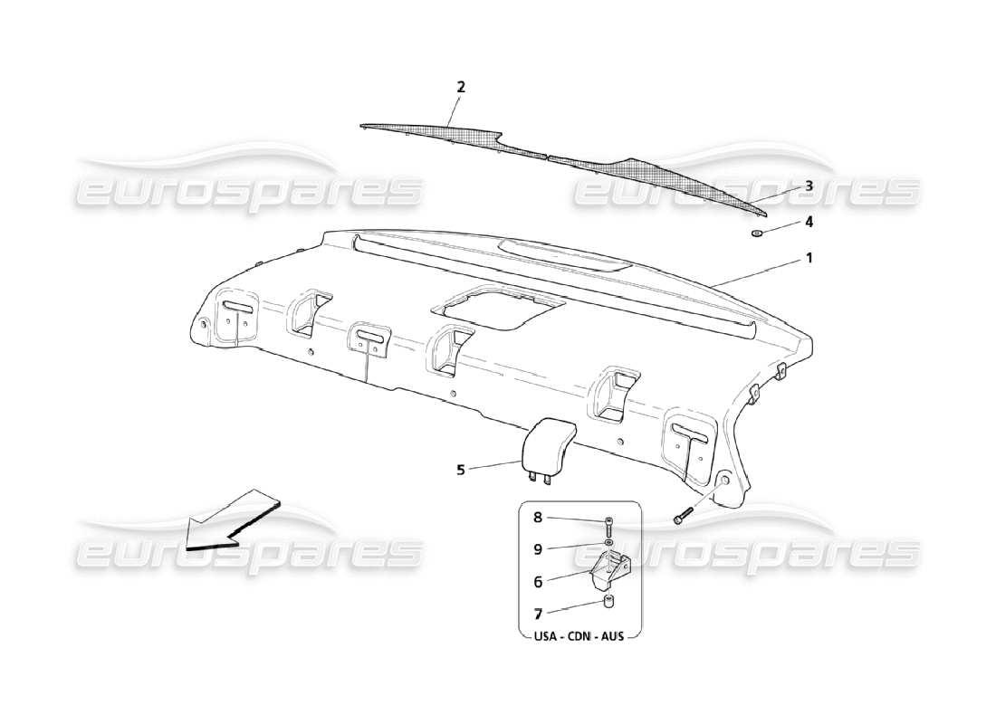 maserati qtp. (2006) 4.2 sous le diagramme des pièces de moulure de lunette arrière