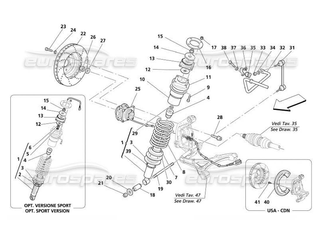 maserati 4200 coupe (2005) suspension arrière - schéma des pièces des amortisseurs et des disques de frein