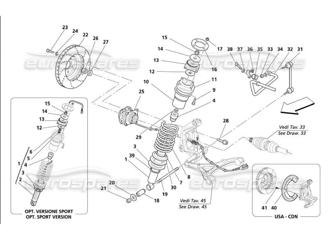 maserati 4200 gransport (2005) suspension arrière - schéma des pièces des amortisseurs et des disques de frein