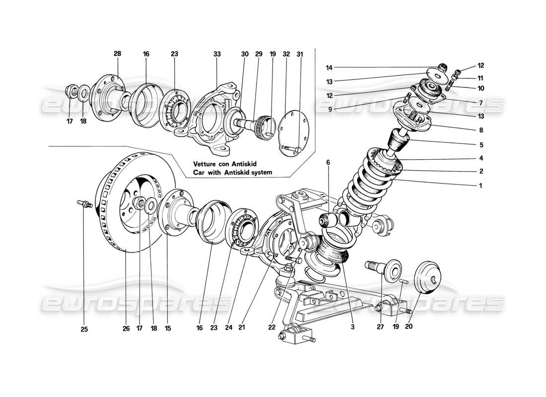 ferrari mondial 3.2 qv (1987) suspension avant - amortisseur et disque de frein schéma des pièces