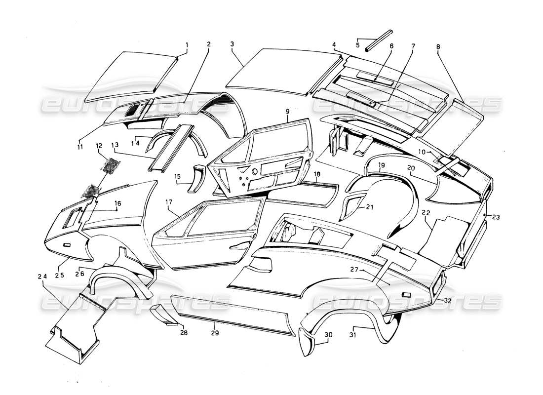 lamborghini countach 5000 qvi (1989) diagramme des pièces des revêtements extérieurs