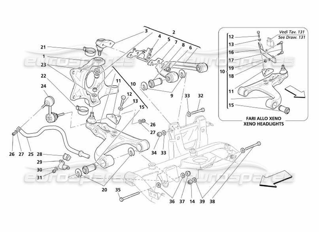 maserati 4200 coupe (2005) suspension avant - diagramme des pièces des triangles et de la barre stabilisatrice