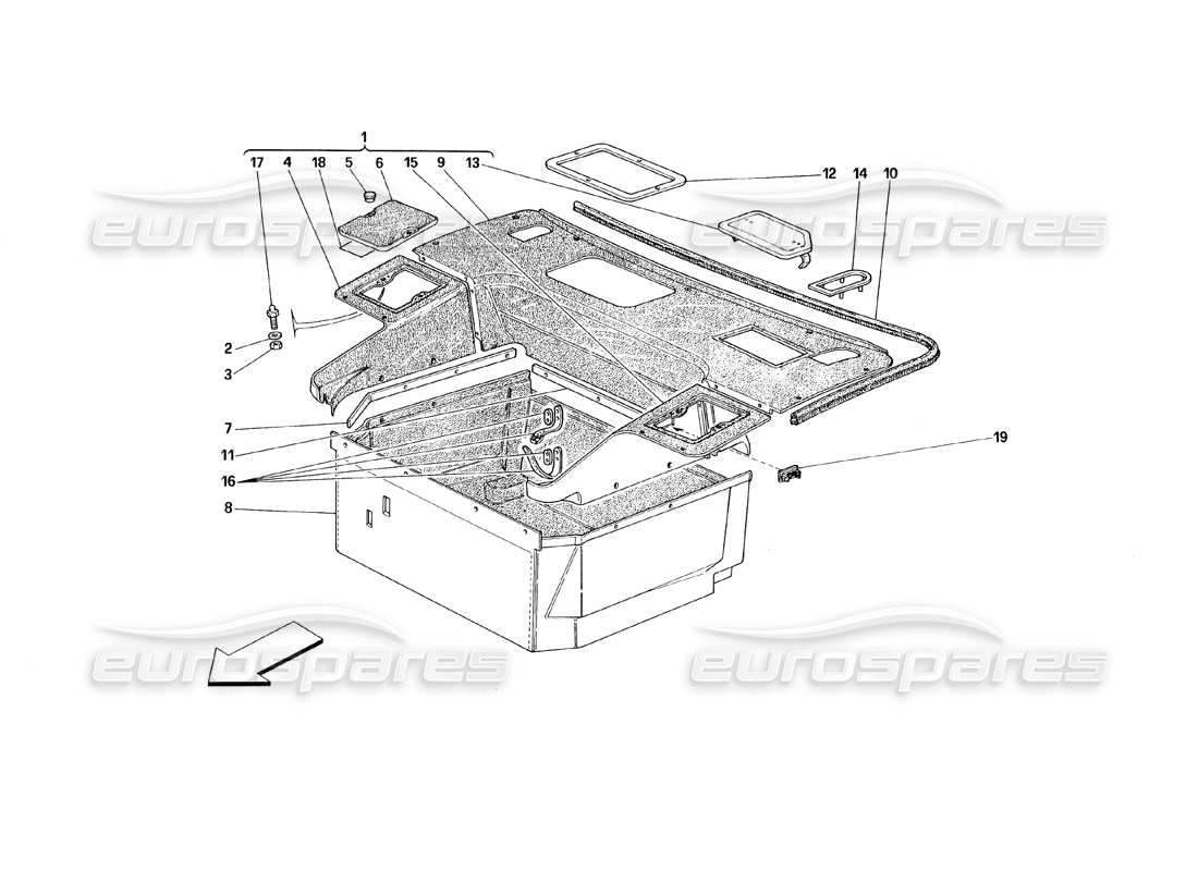 ferrari 348 (1993) tb / ts diagramme des pièces des tapis des compartiments avant