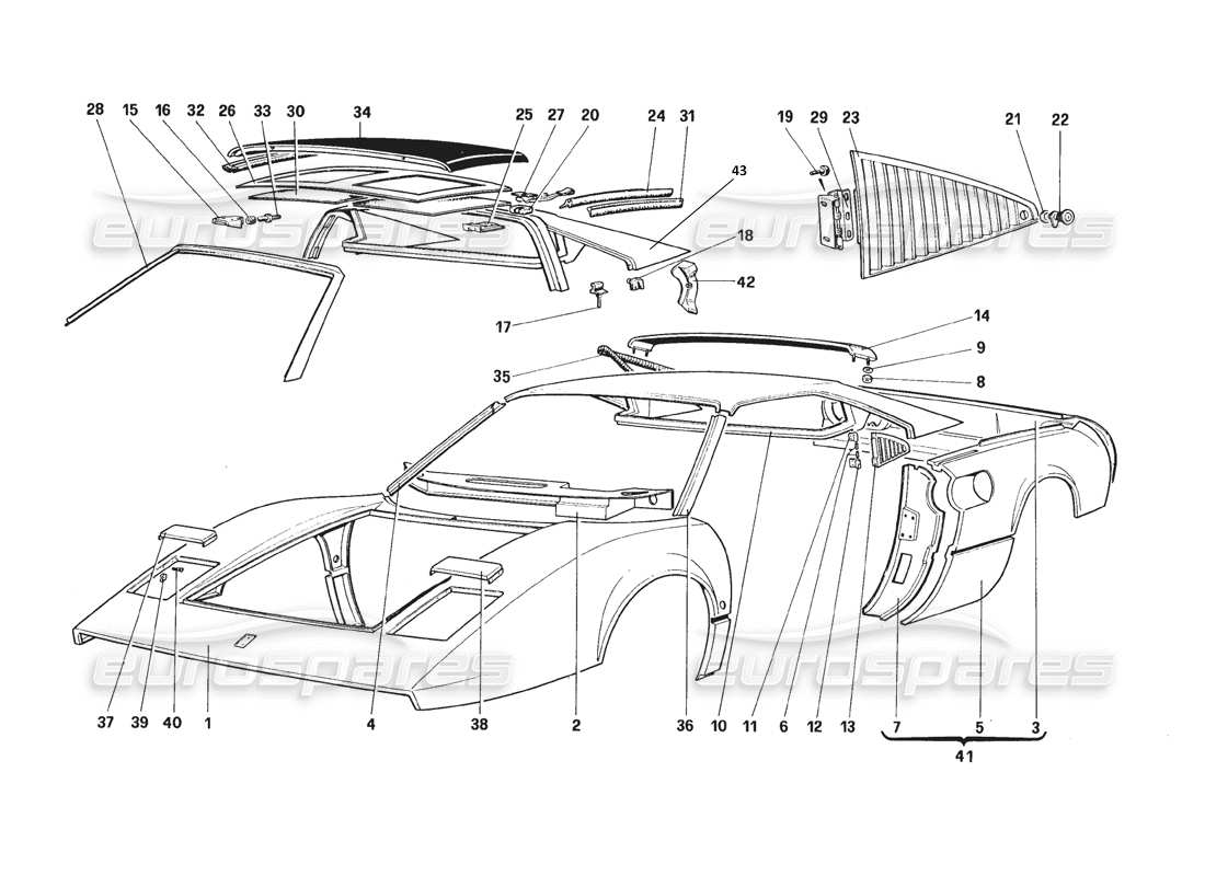 ferrari 328 (1988) coque de carrosserie - diagramme des pièces des éléments extérieurs