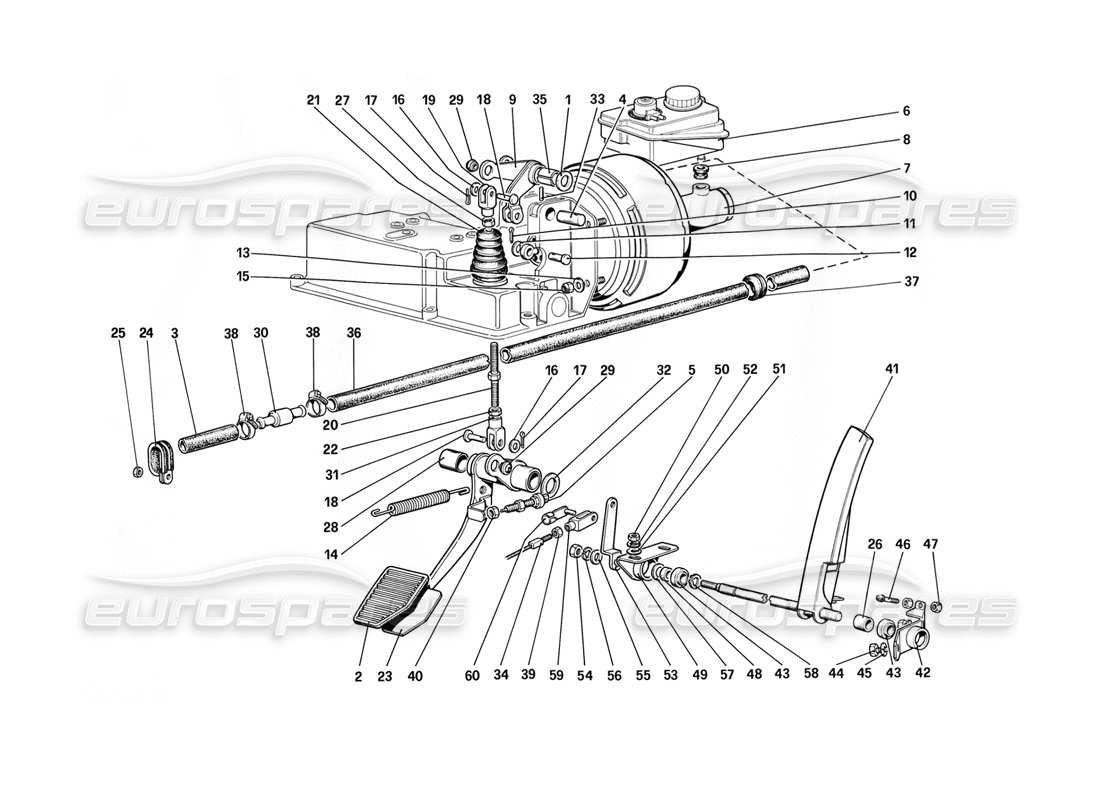 ferrari mondial 3.2 qv (1987) commande d'accélérateur et système hydraulique de freinage (pour voiture sans système antidérapant - variantes pour la version rh d) schéma des pièces