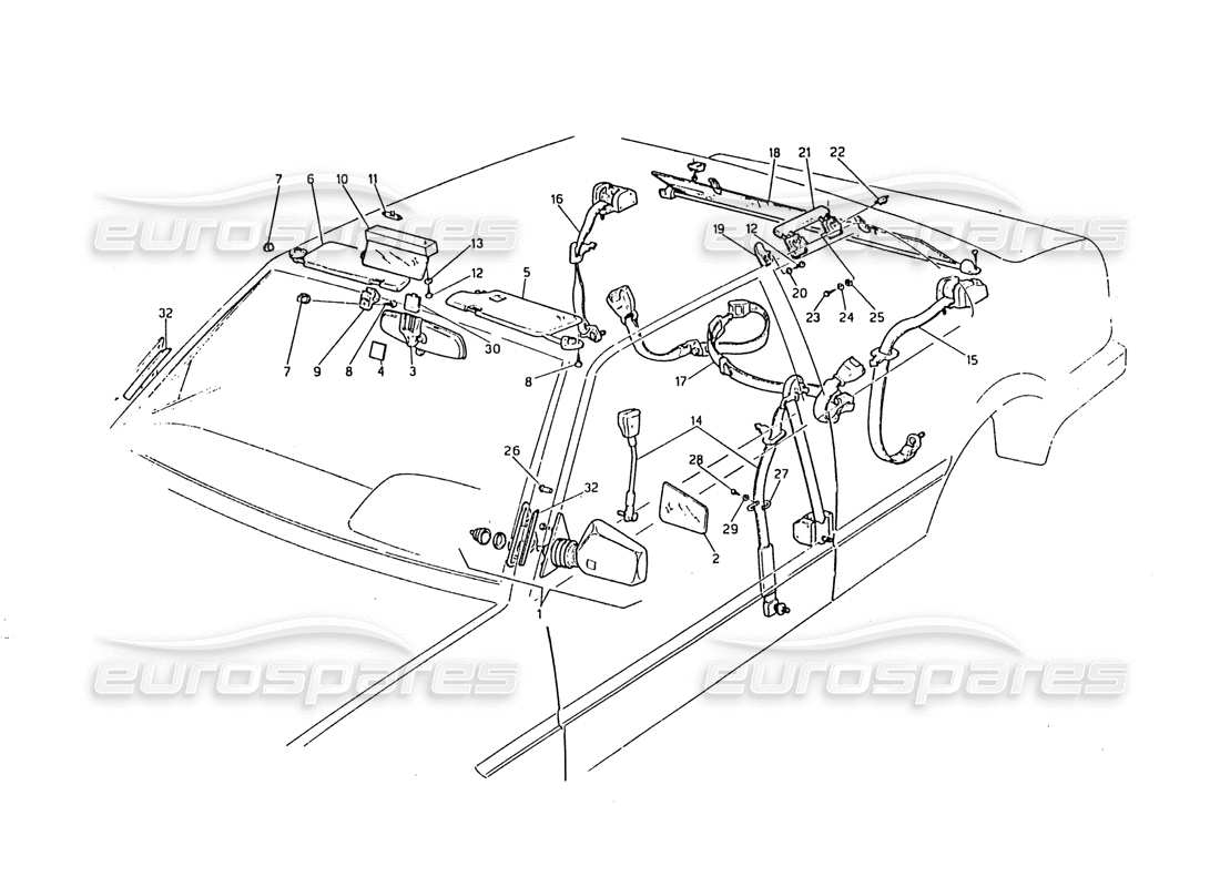 maserati biturbo 2.5 (1984) diagramme des pièces des ceintures de sécurité, des rétroviseurs et du pare-soleil