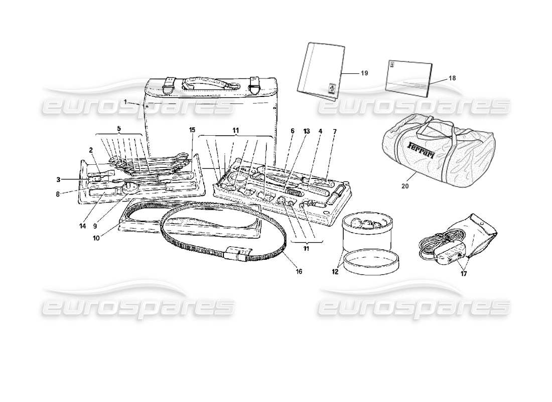 ferrari 512 tr trousse à outils - schéma des pièces de l'équipement et des accessoires