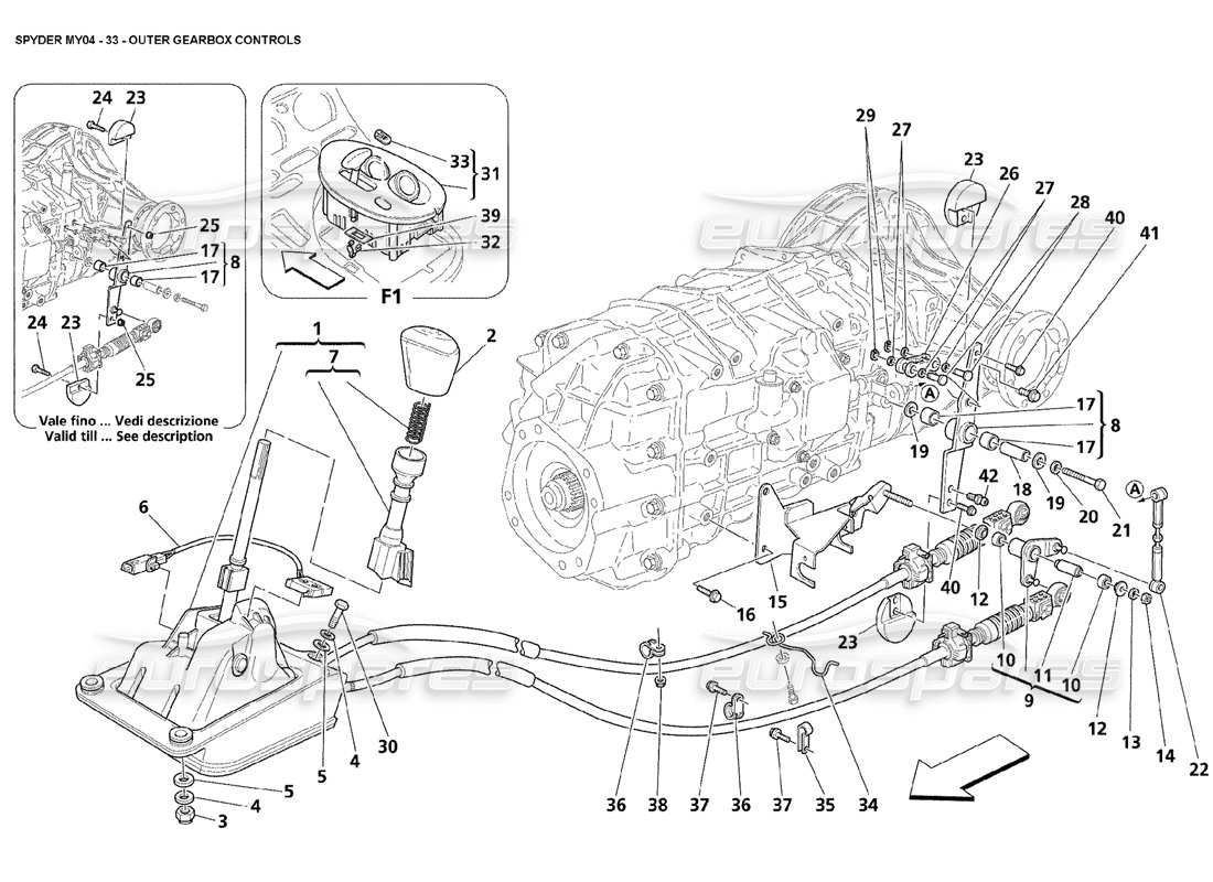 maserati 4200 spyder (2004) commandes extérieures de la boîte de vitesses schéma des pièces
