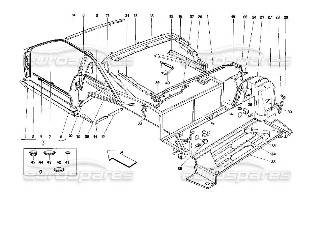 ferrari mondial 3.4 t coupe/cabrio carrosserie : éléments intérieurs - partie arrière - schéma des pièces du coupé