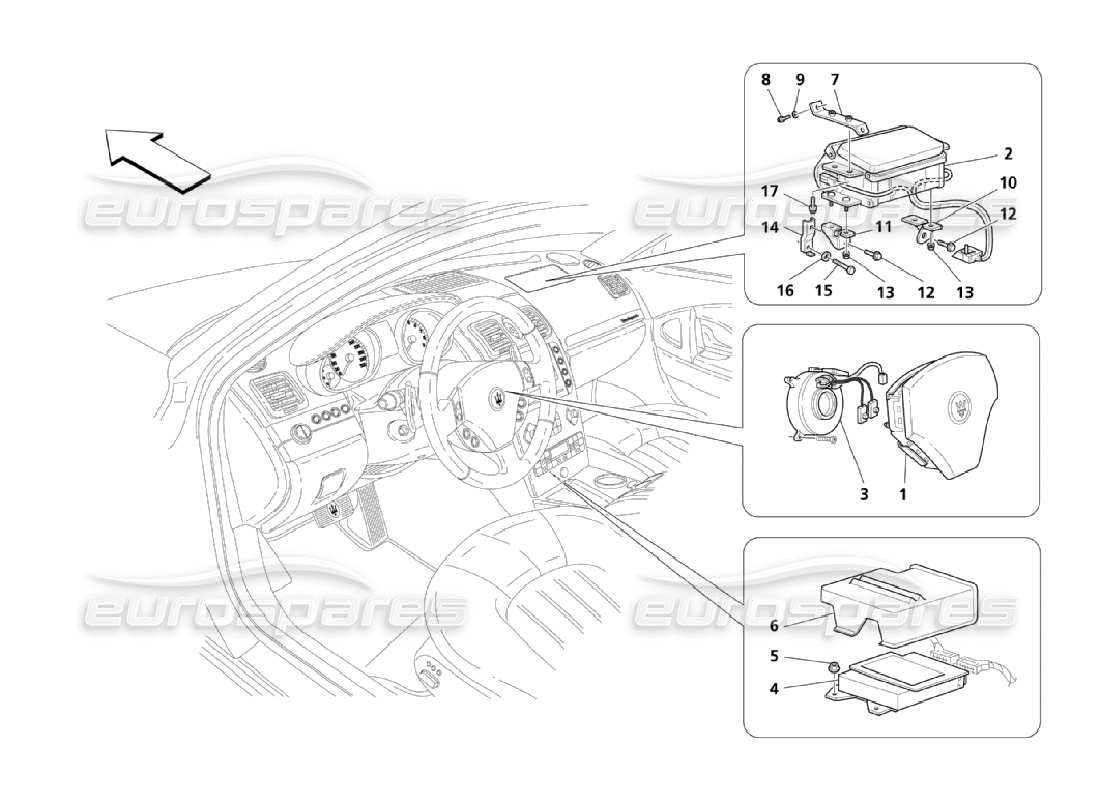 maserati qtp. (2006) 4.2 schéma des pièces du système d'airbag frontal