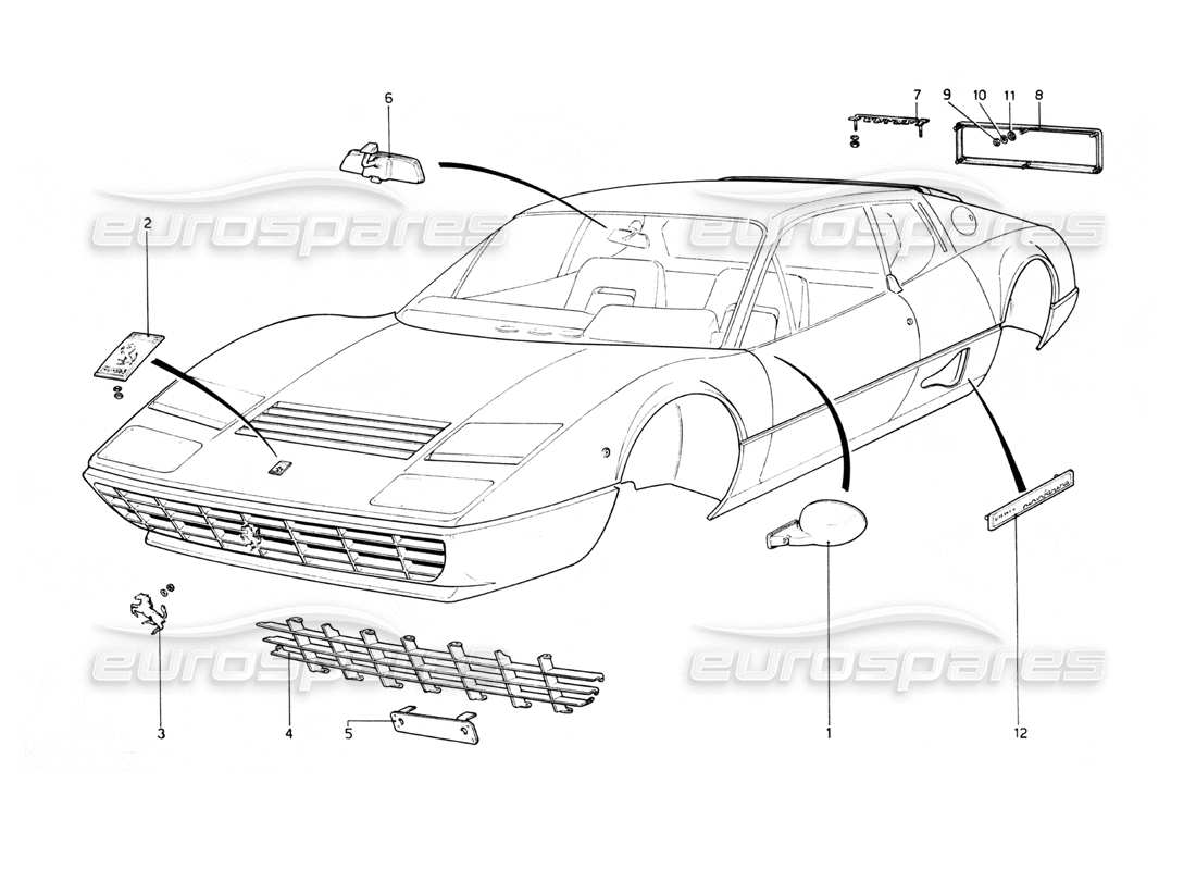 ferrari 512 bb diagramme des pièces des moulures de carrosserie