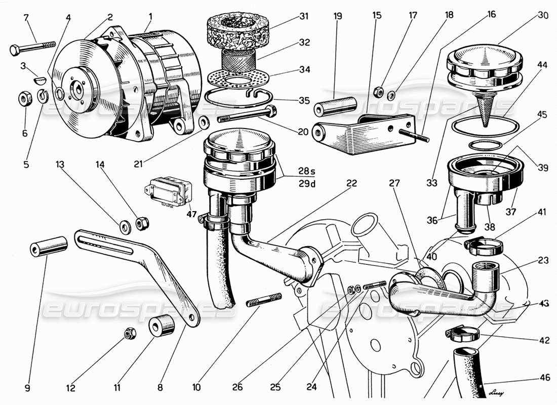 ferrari 330 gt 2+2 reniflards de générateur et de moteur schéma des pièces