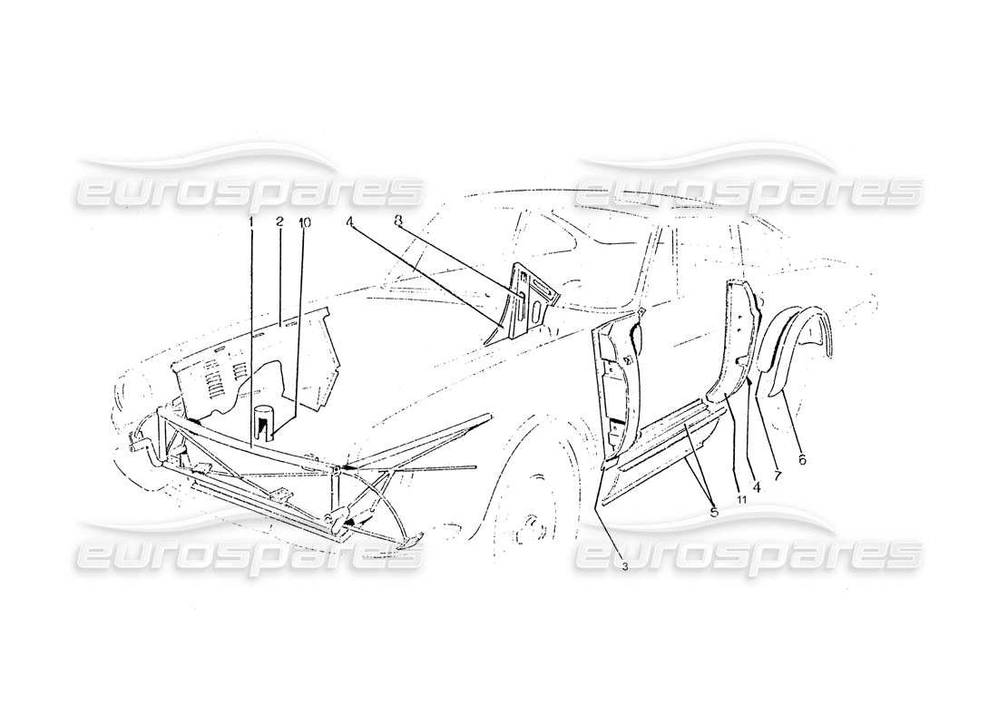 ferrari 365 gtc (coachwork) diagramme de pièce des panneaux du cadre intérieur
