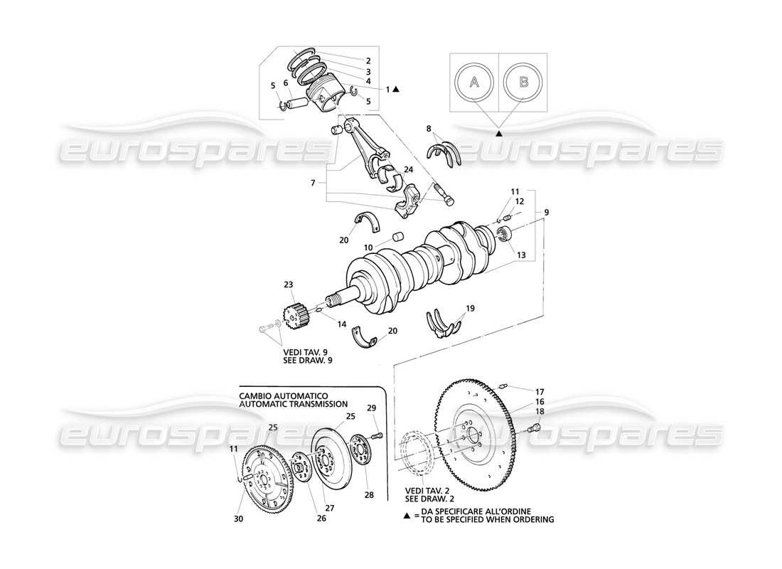 maserati qtp v8 evoluzione diagramme des pièces du vilebrequin, des pistons, des bielles et du volant moteur