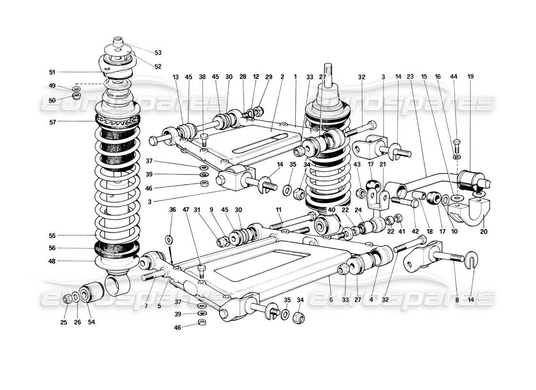 ferrari 400i (1983 mechanical) suspension arrière - schéma des pièces des leviers et des amortisseurs