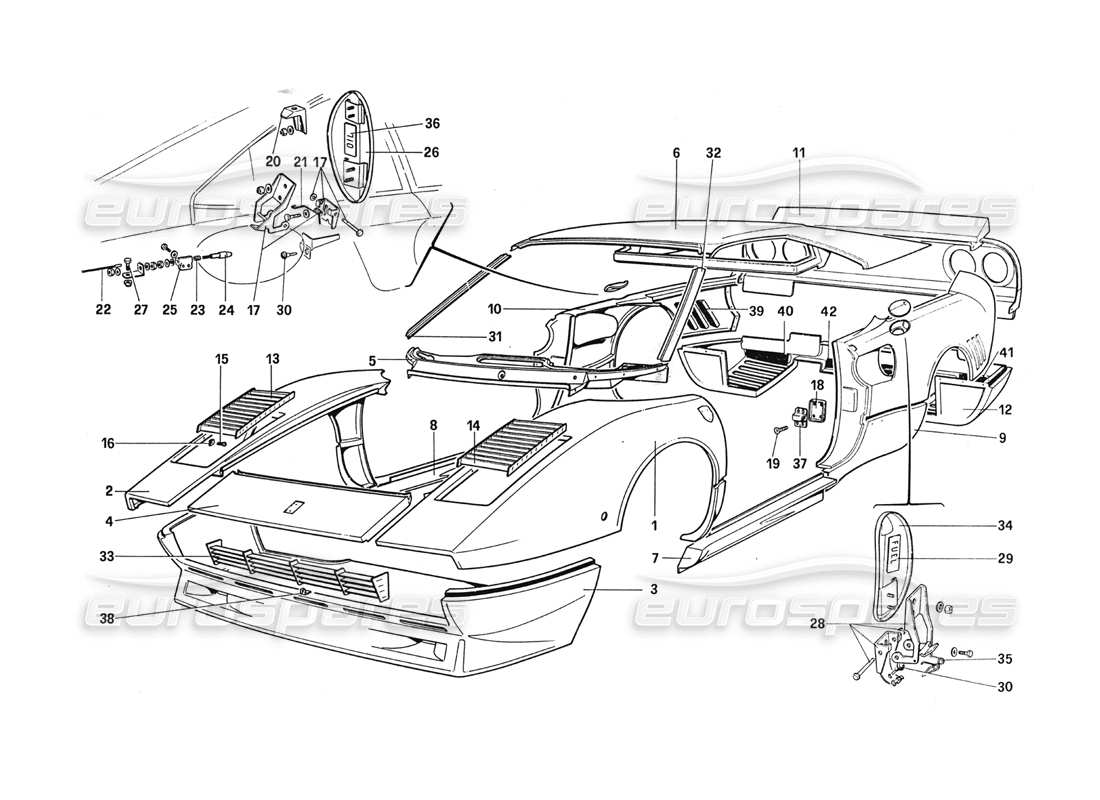 ferrari 288 gto coque de carrosserie - diagramme des pièces des éléments extérieurs