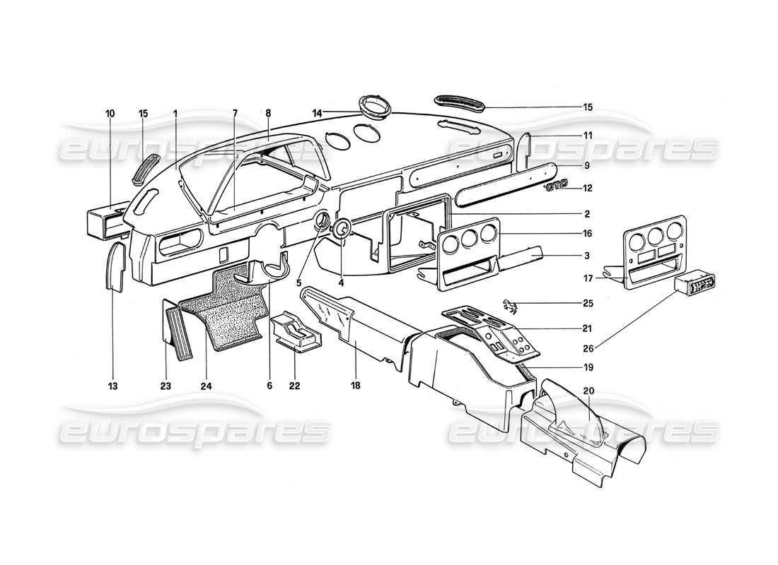 ferrari 288 gto instrument, panel and tunnel part diagram