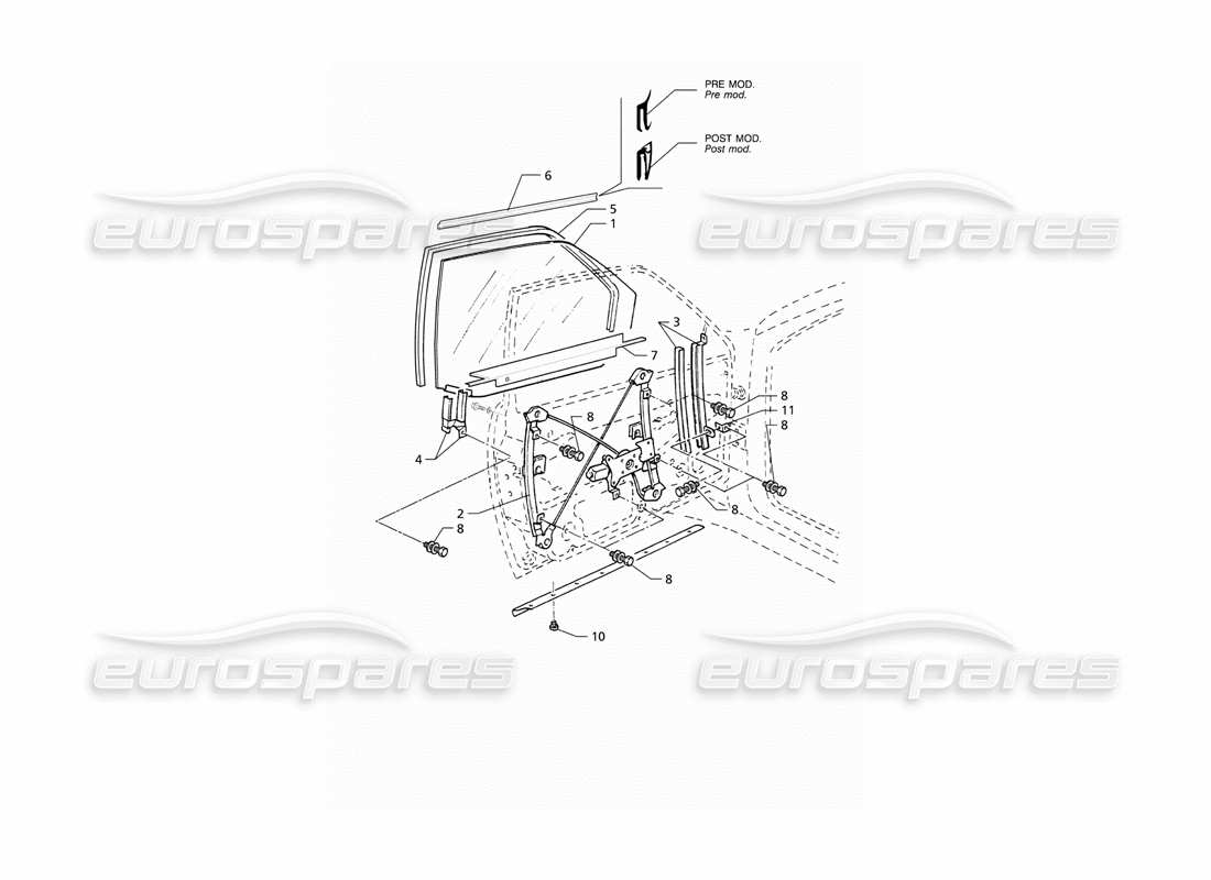 maserati qtp v6 (1996) portes d'entrée : diagramme de pièces des fenêtres et des régulateurs