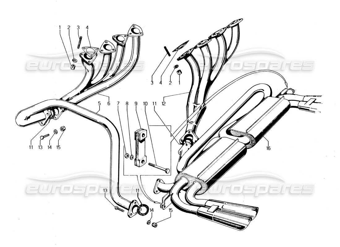 lamborghini urraco p250 / p250s schéma des pièces des tuyaux d'échappement