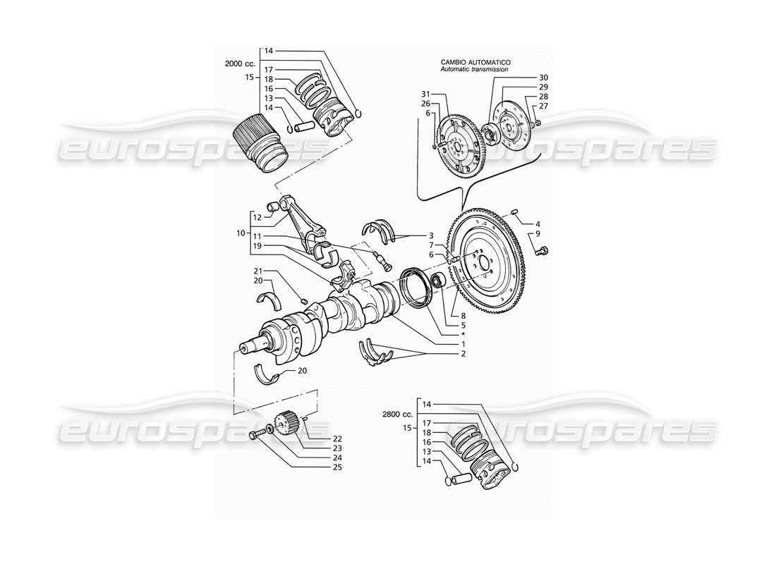 maserati ghibli 2.8 (abs) diagramme des pièces du vilebrequin, des pistons, des bielles et du volant moteur