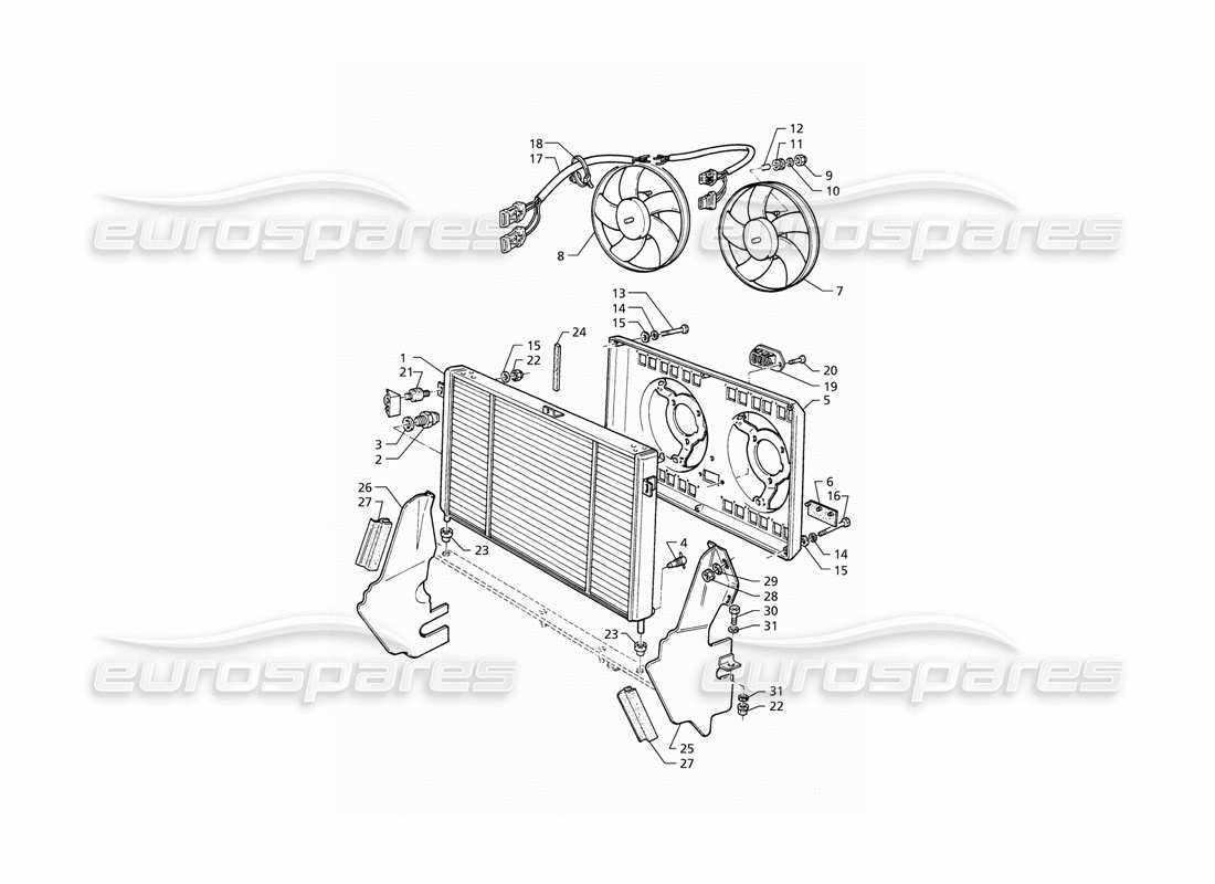 maserati qtp v8 (1998) schéma des pièces du radiateur et des ventilateurs de refroidissement