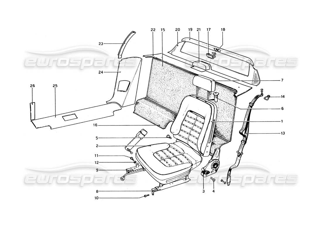 ferrari 365 gt4 berlinetta boxer schéma des pièces des garnitures intérieures, des accessoires et des sièges