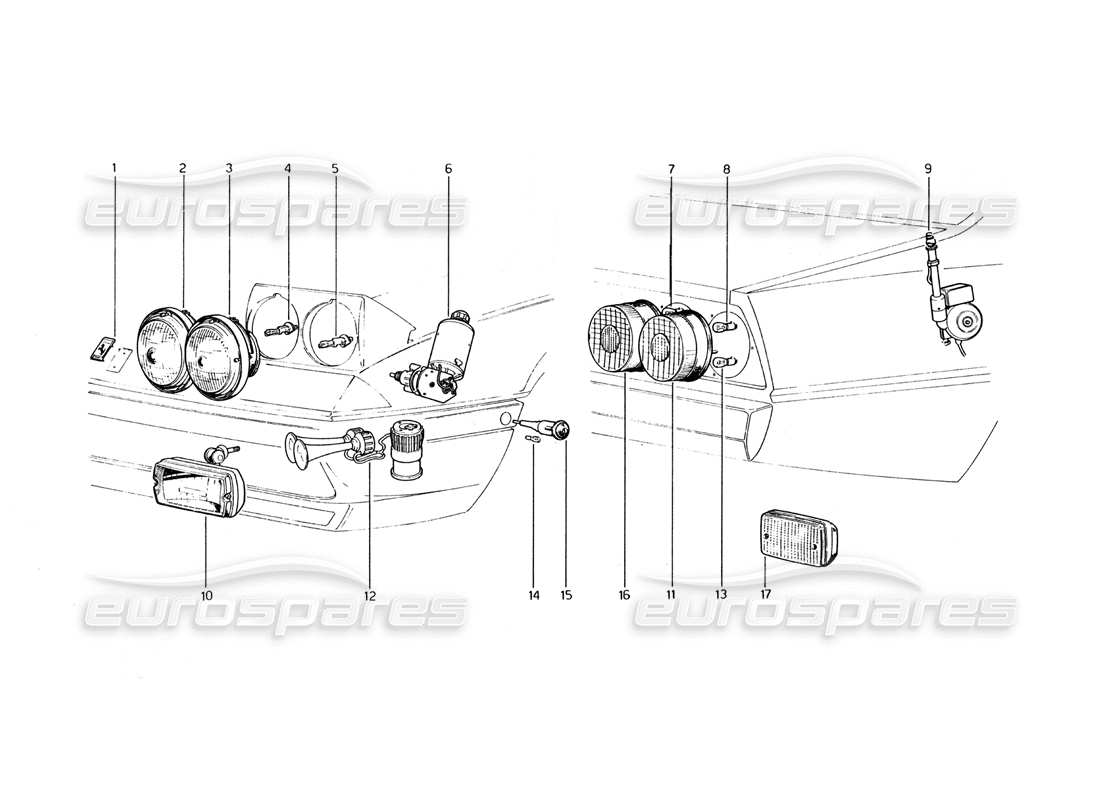 ferrari 400 gt (mechanical) schéma des pièces des feux avant et arrière, des klaxons et de l'arial