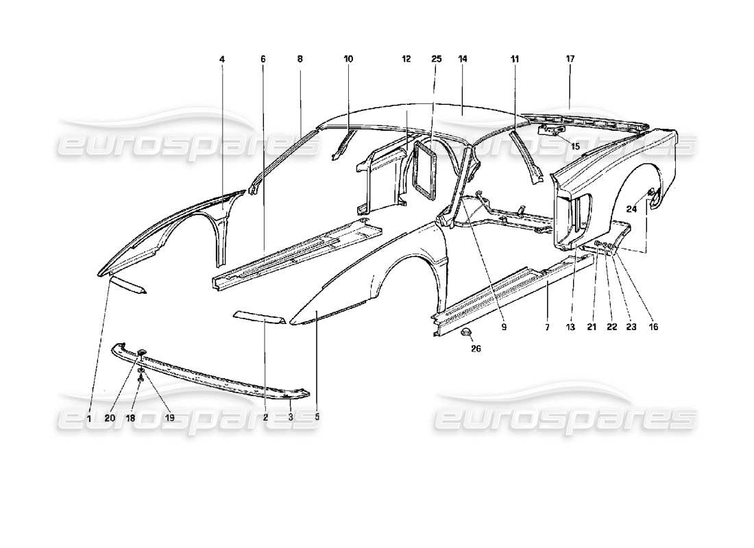 ferrari 512 tr corps - diagramme des pièces des composants externes