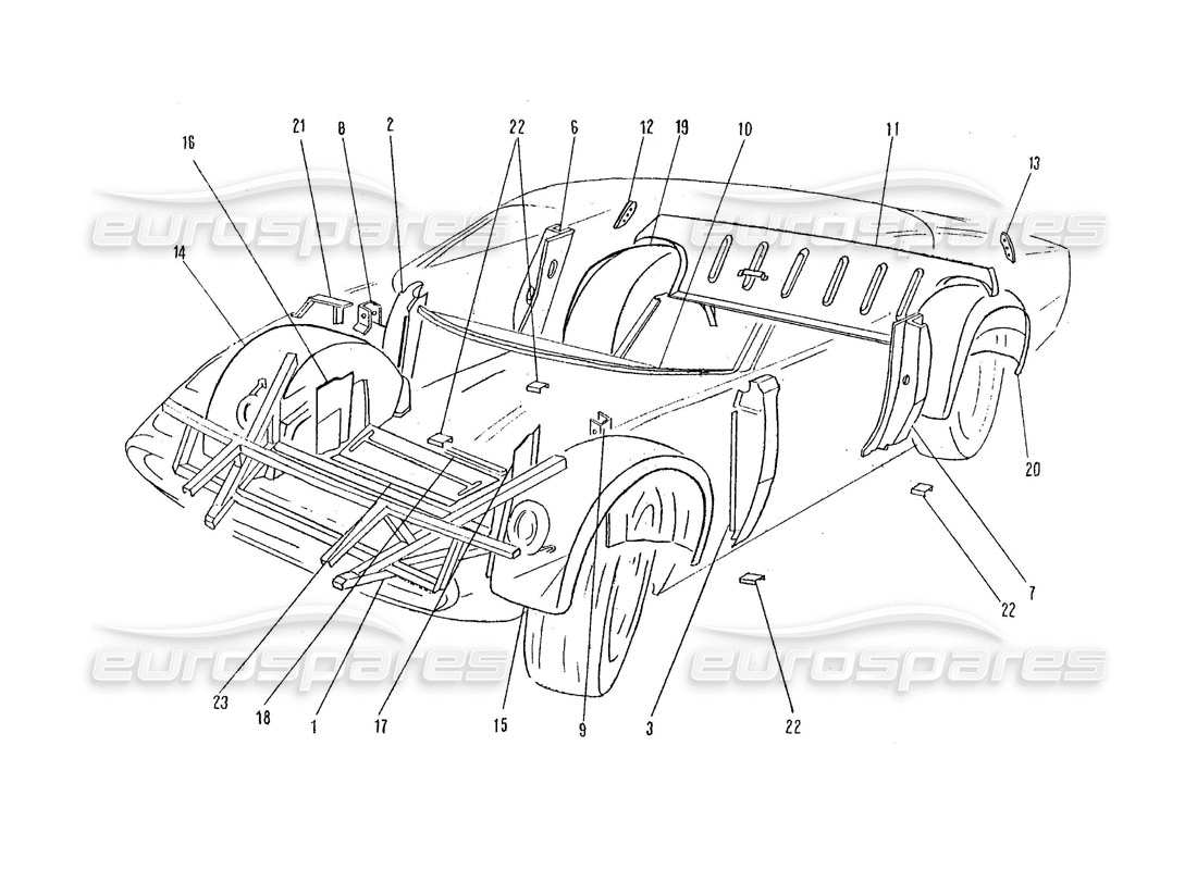 ferrari 365 gtc4 (coachwork) schéma des pièces des cadres, boucliers et panneaux intérieurs