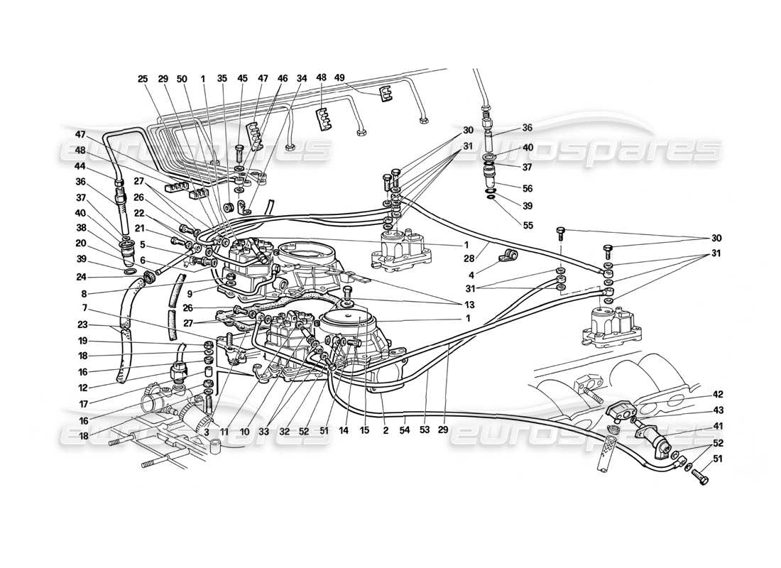 ferrari testarossa (1987) diagramme des pièces des conduites des distributeurs de carburant (système k-jetronic)