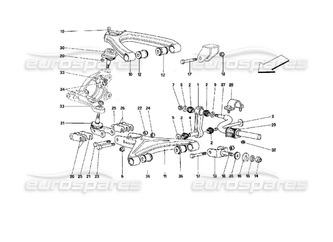 ferrari 512 tr suspension avant - schéma des pièces des triangles