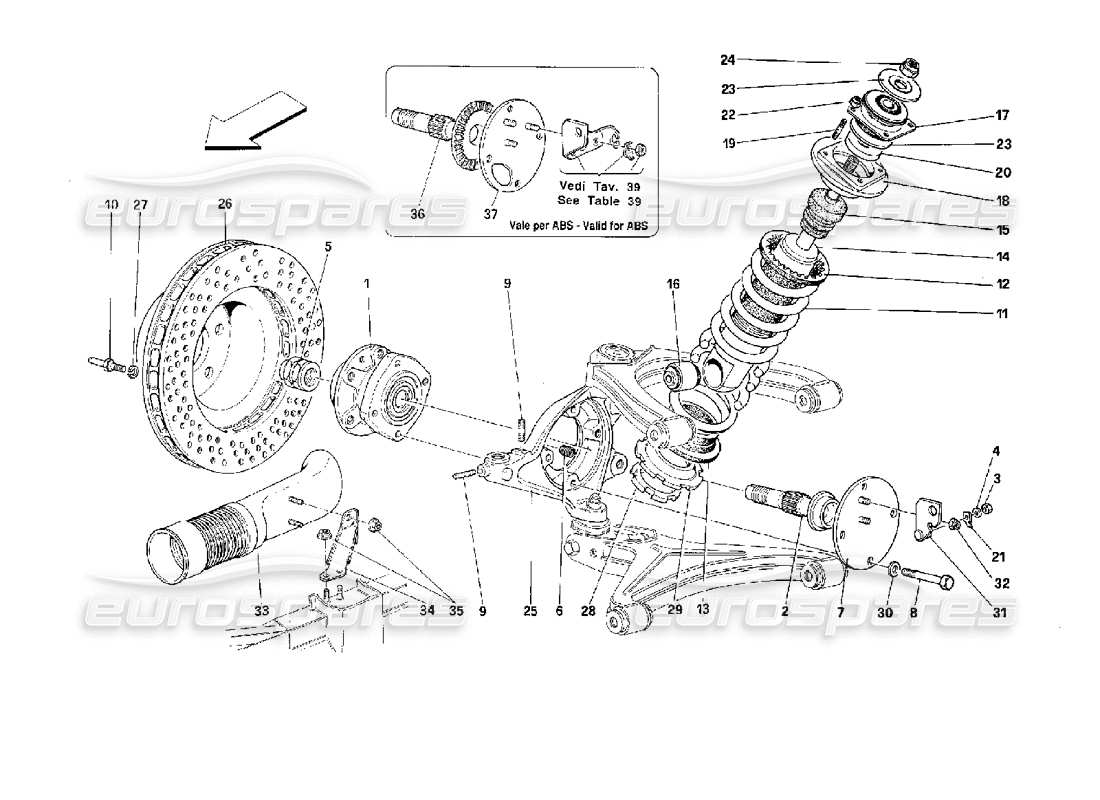 ferrari 512 tr suspension avant - amortisseur et disque de frein schéma des pièces