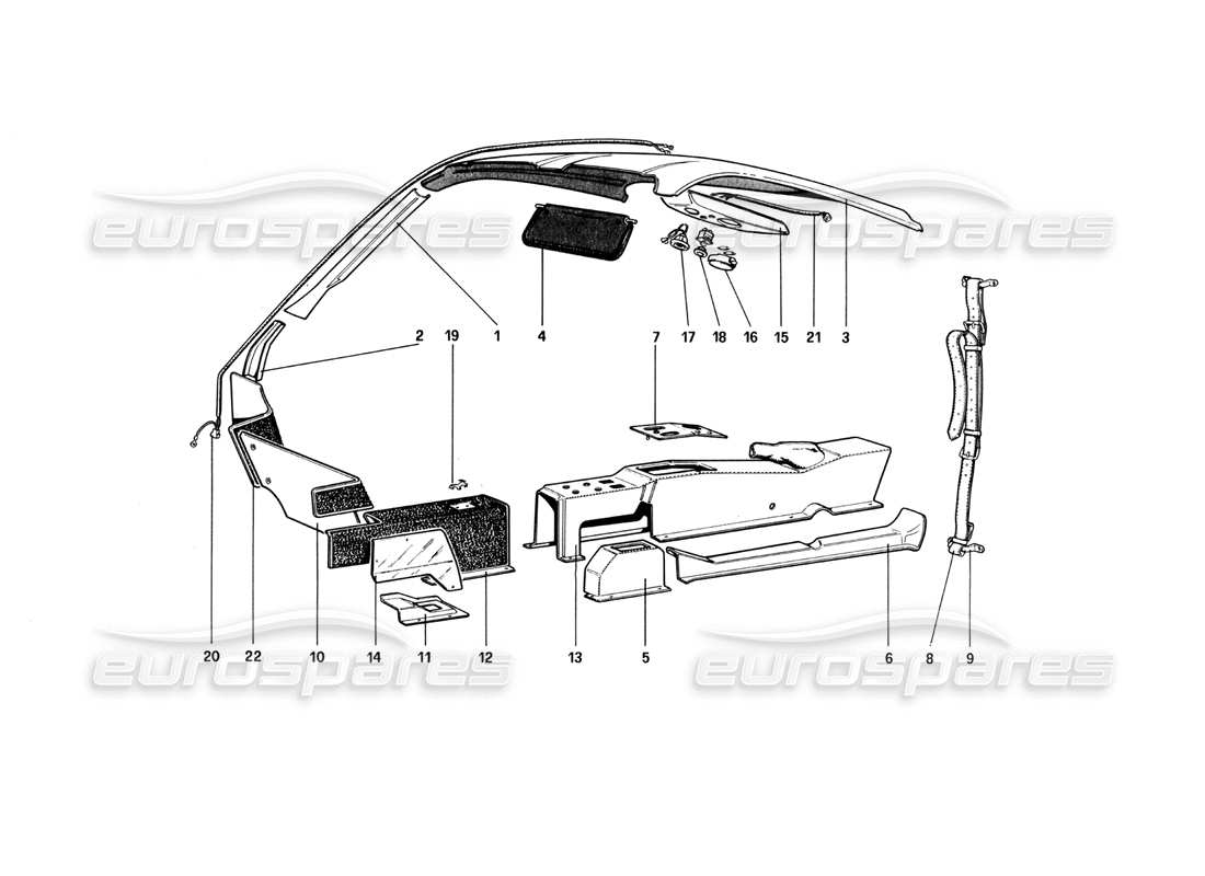 ferrari 512 bbi diagramme des parties du tunnel et du toit