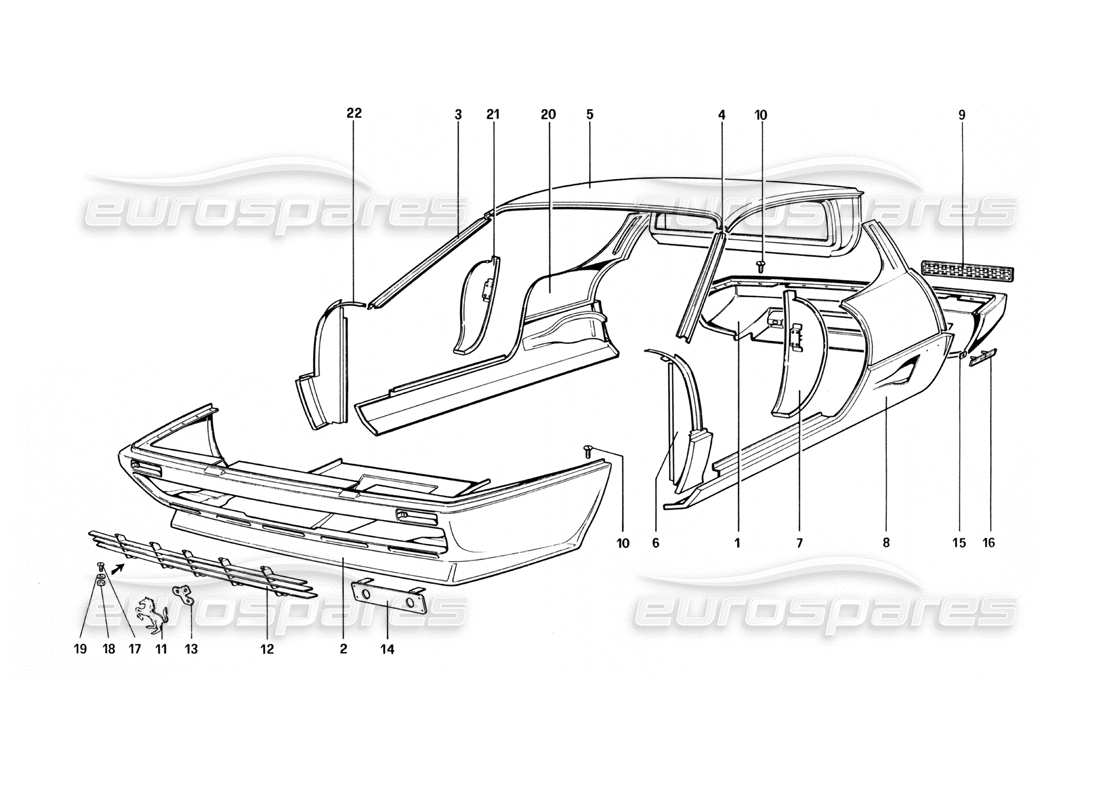 ferrari 512 bbi carrosserie - éléments extérieurs schéma des pièces