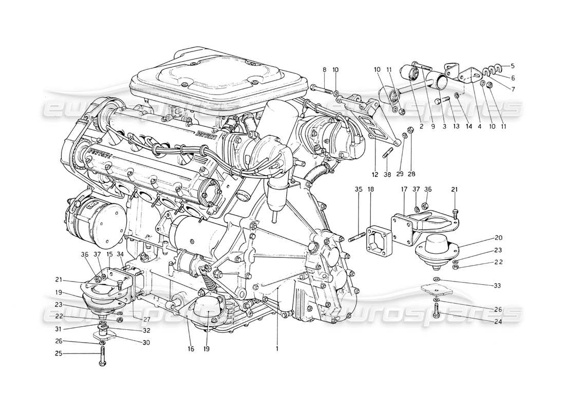 ferrari 208 gt4 dino (1975) moteur - schéma des pièces de la boîte de vitesses et des supports