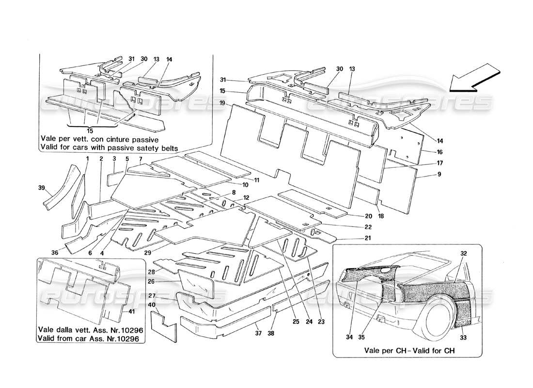 ferrari 348 (1993) tb / ts isolations de l'habitacle schéma des pièces