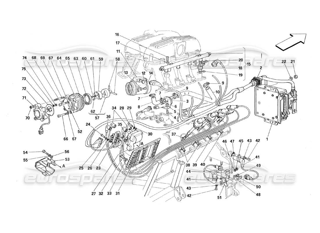 ferrari 348 (1993) tb / ts injection d'air - schéma des pièces d'allumage