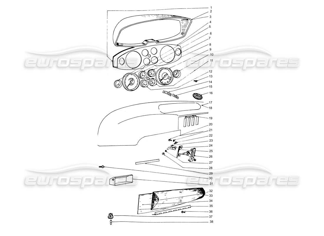 ferrari 365 gtb4 daytona (coachwork) combiné d'instruments - schéma des pièces de la boîte à gants