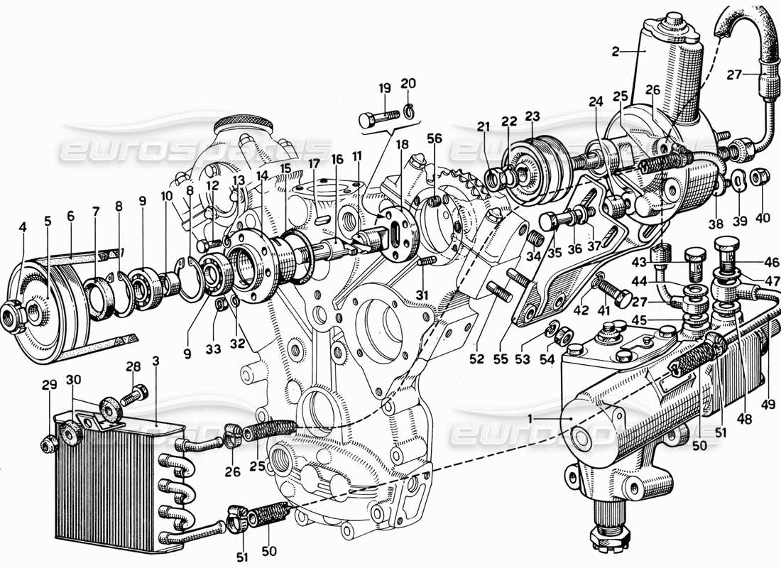 ferrari 365 gt 2+2 (mechanical) schéma des pièces de la pompe de direction hydraulique et des commandes